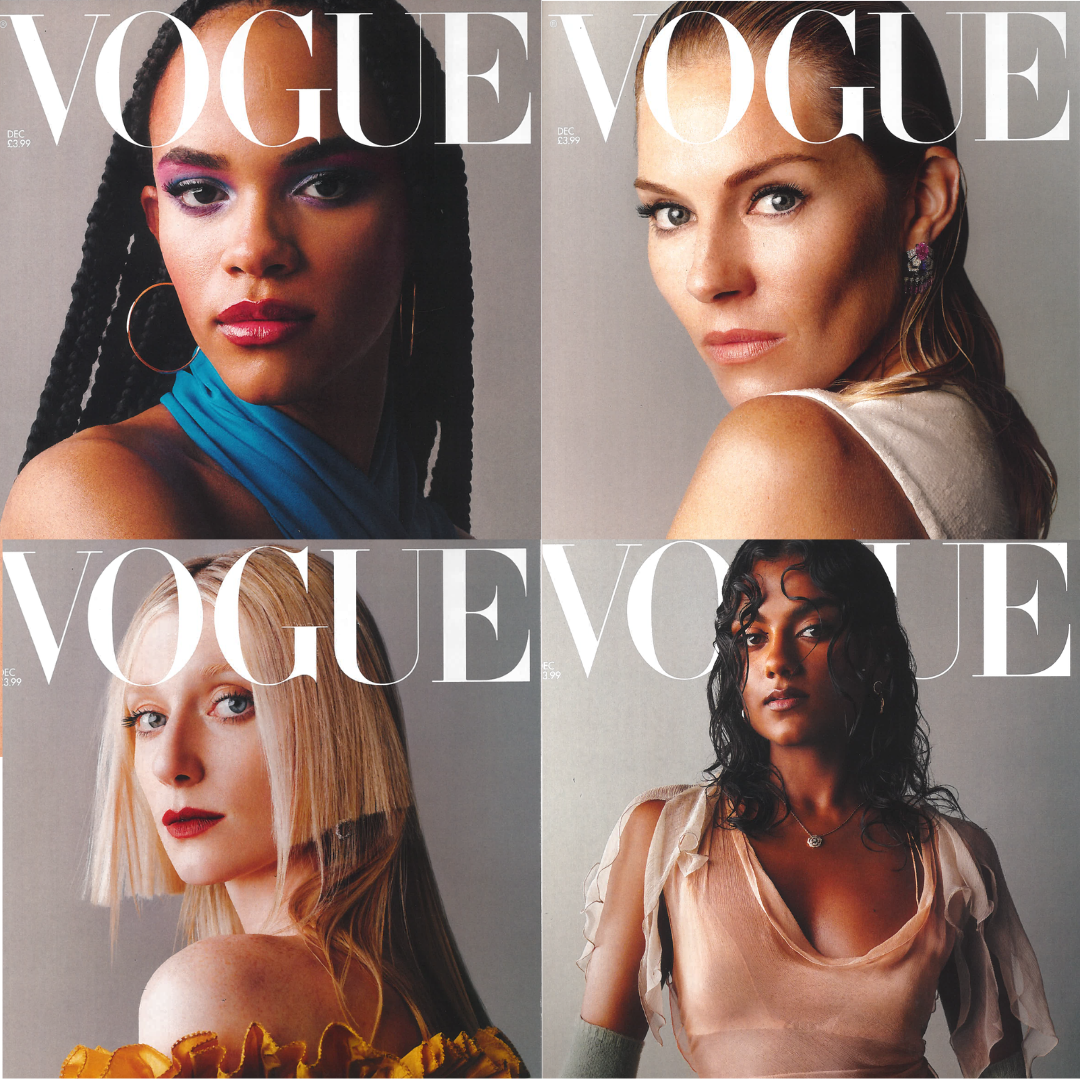 four different vogue magazine covers with headshots of women
